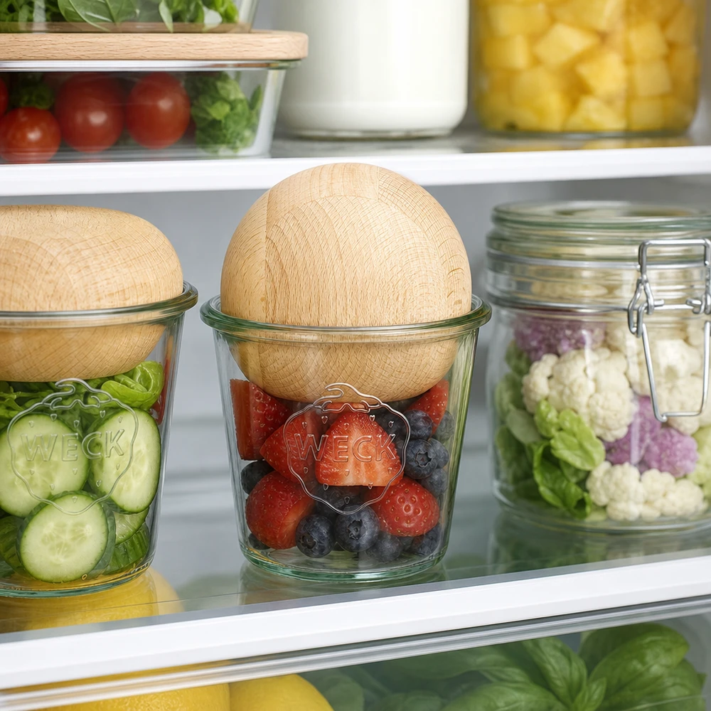 Tumbler WECK RR100 o objemu 580 ml s dřevěnou kuličkou buk. WECK Sturzglas RR100 580ml mit Buchenholzkugel zur Frischehaltung von Beeren und Gemüse im Kühlschrank