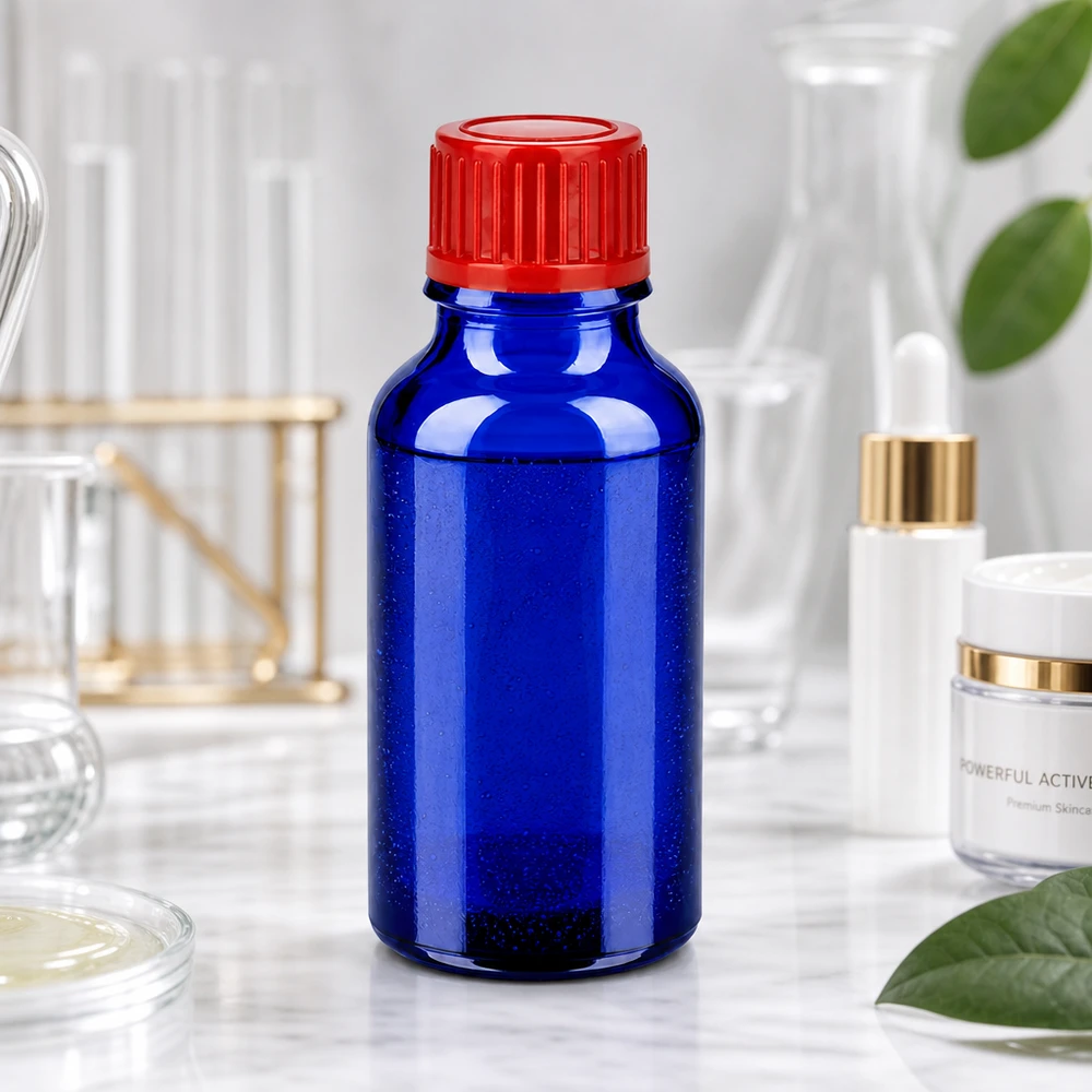 Präzisionsflasche 20ml aus UV-beständigem Cobaltglas mit hochwertigem roten Schraubdeckel