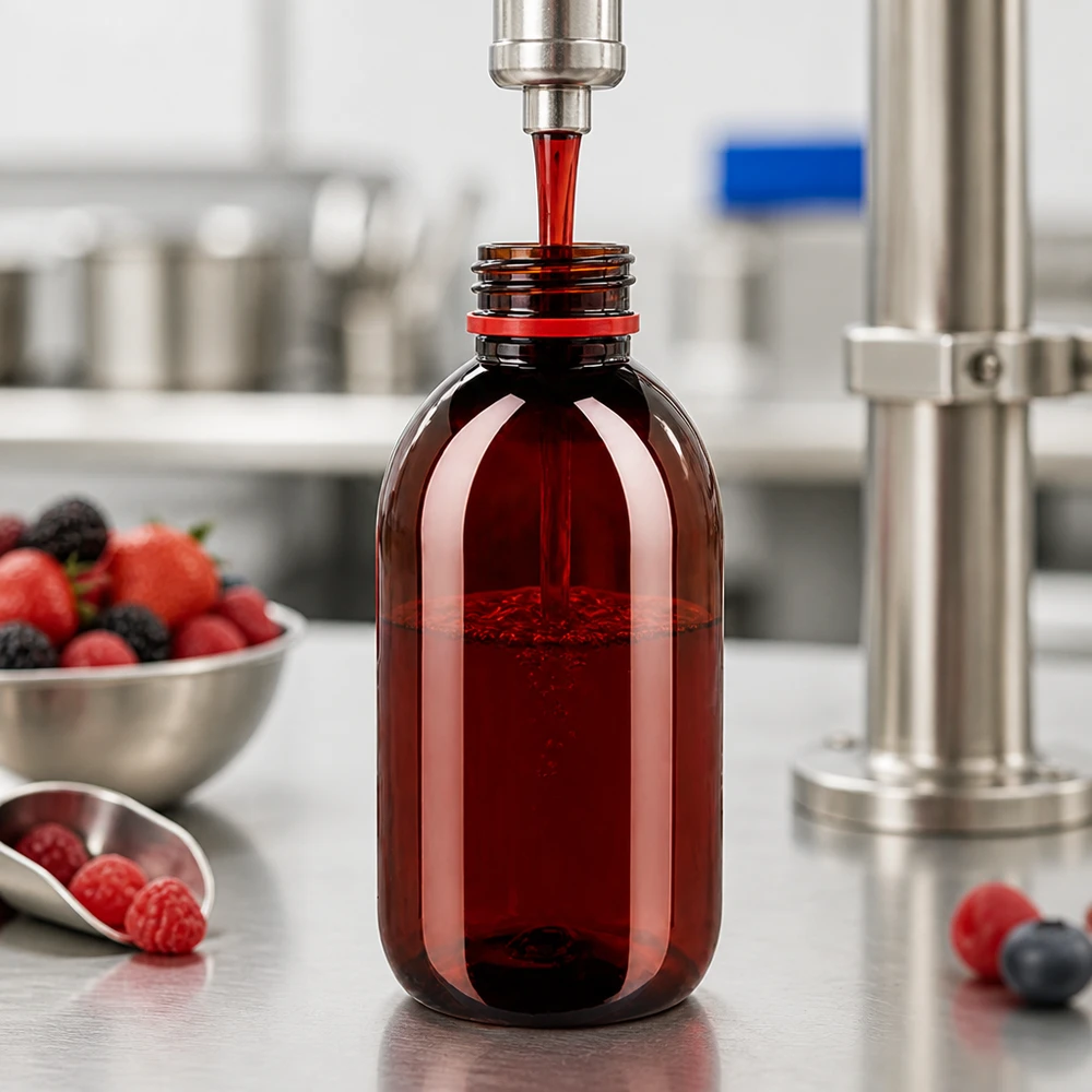 PET láhev 250ml s bílým/červeným uzávěrem s ochranou proti manipulaci. Jantarově zbarvená PET láhev o objemu 250 ml s červeným uzávěrem při plnění červeným ovocným džusem