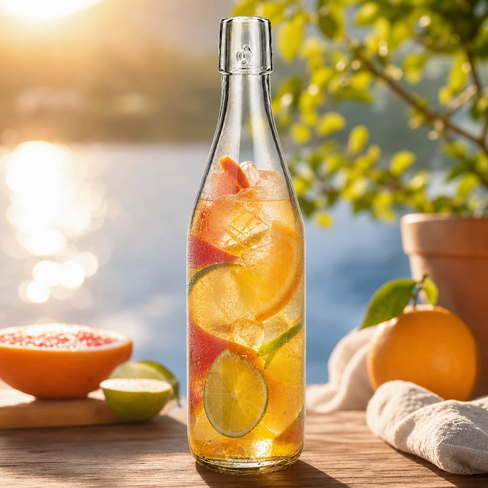 Skleněná láhev o objemu 500 ml bez otočného víčka UNiTWIST 500ml UNiTWIST Glasflasche mit Eistee und Früchten befüllt im Freien als sommerliche Erfrischung mit Zitrusfrüchten