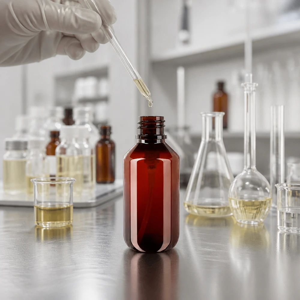 PET láhev 200ml s dávkovací pumpičkou černá Prázdná 200ml PET láhev jantarové barvy bez uzávěru na nerezovém povrchu v laboratoři
