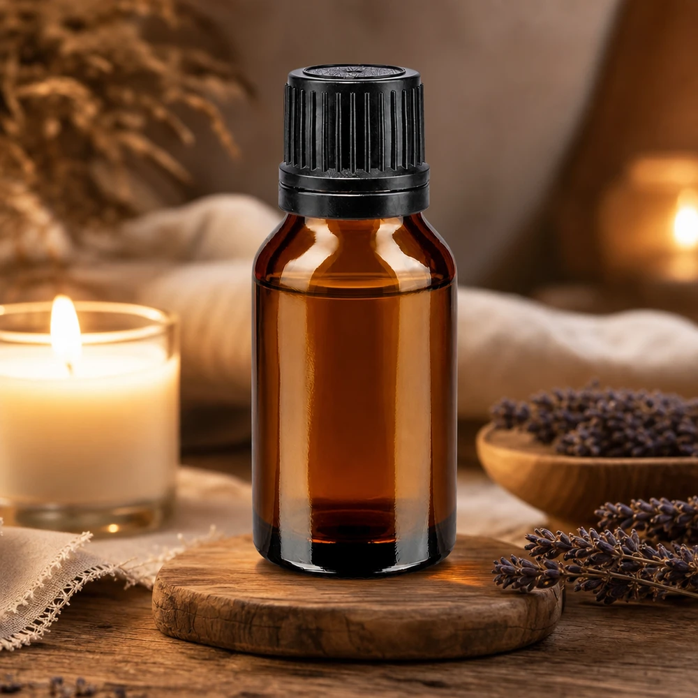 Braune Vorratsflasche 15ml mit schwarzem Schraubverschluss im stimmungsvollen Spa-Ambiente