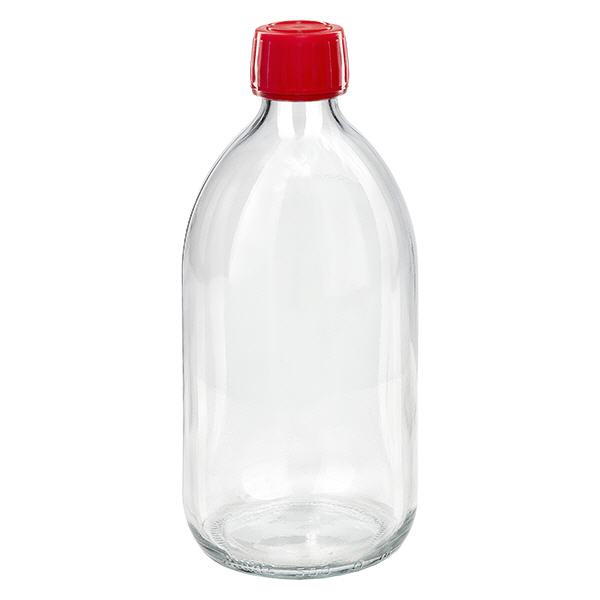 500ml lahvička na léky čirá, červený uzávěr s tamper-evidentním kroužkem ApoGlas 500ml lahvička na léky čirá, červený uzávěr s tamper-evidentním kroužkem ApoGlas