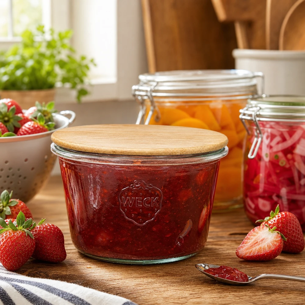 370ml tumblery WECK RR100 s dřevěným víkem buchta WECK RR100 Sturzglas mit Erdbeermarmelade gefüllt in Küchenambiente mit frischen Erdbeeren und Einmachgläsern