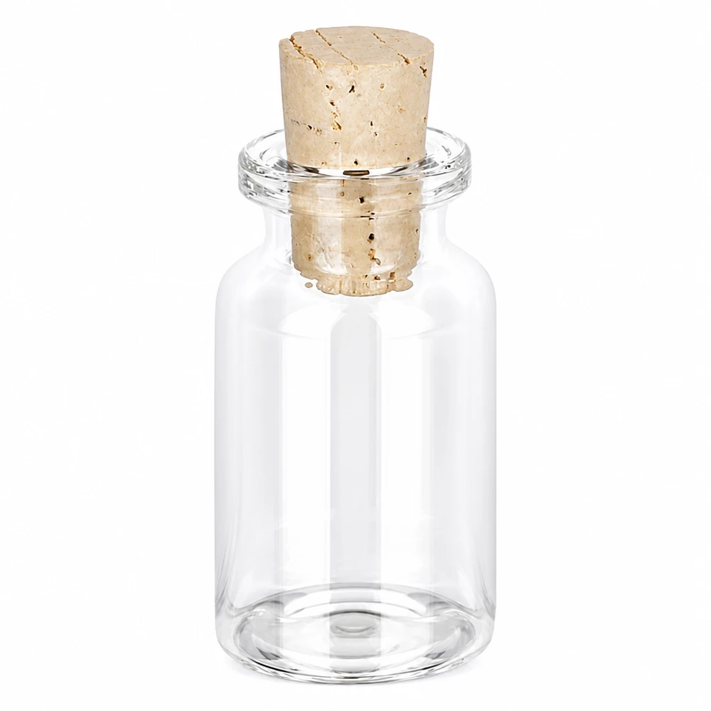 Láhev z bezbarvého skla 10ml se zátkou 11/14mm. Kleine Glasflasche 10ml mit passendem Korkverschluss perfekt als Dekoflasche oder Geschenkidee
