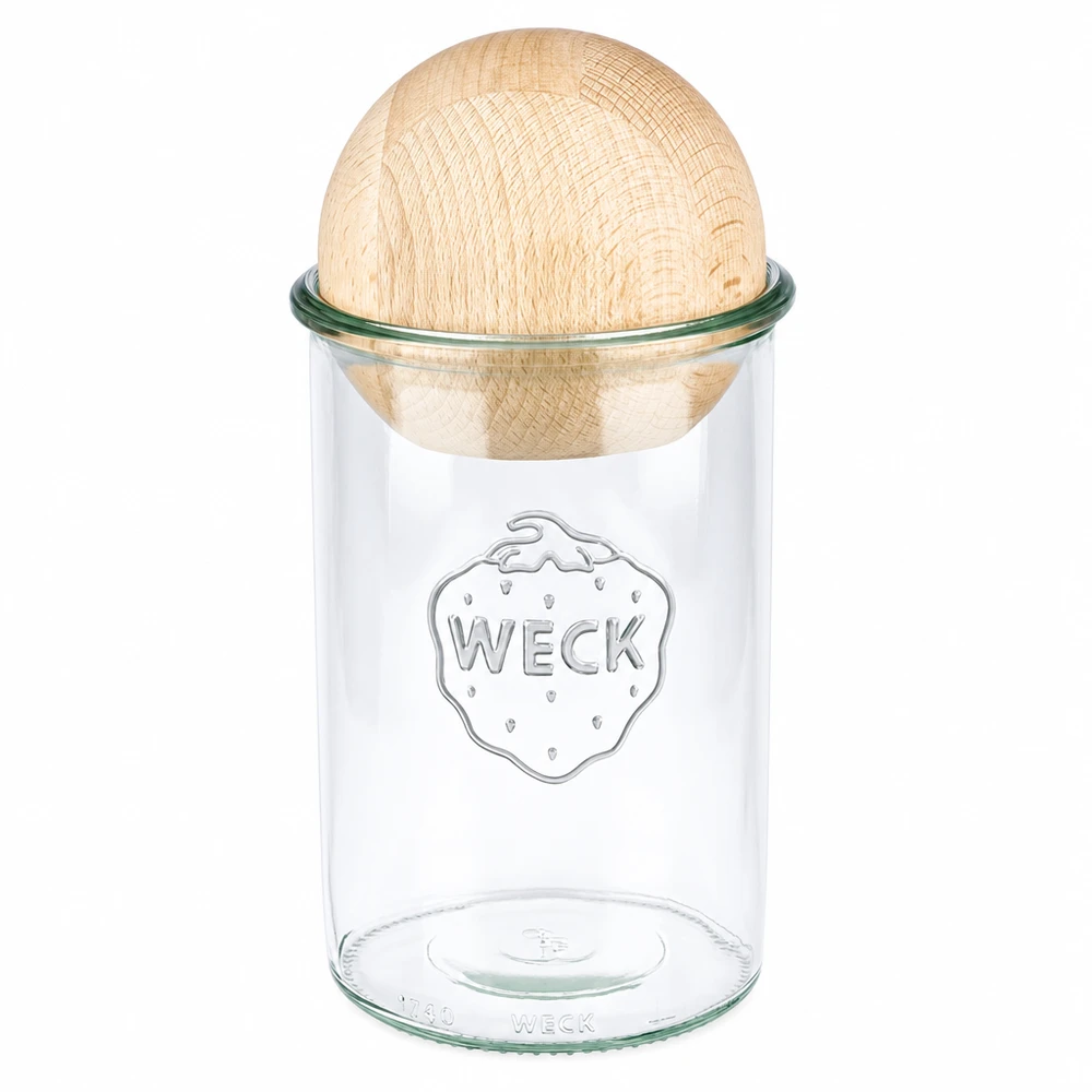 1000ml tumblery WECK RR100 s dřevěnou kuličkou buk WECK Sturzglas 1000ml RR100 mit Holzkugel aus Buche als Deckel, Einmachglas mit Logo auf weißem Hintergrund