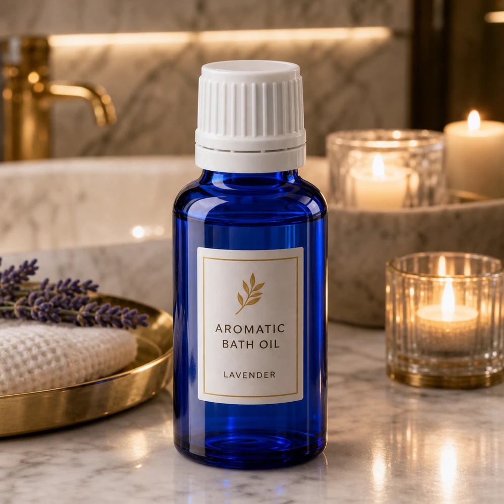 Lékárenská láhev modrá 20ml šroubovací uzávěr bílý tamper evident uzávěr. Schlanke blaue 20ml Apothekerflasche mit weißem Originalitätsverschluss im luxuriösen Badezimmer-Ambiente