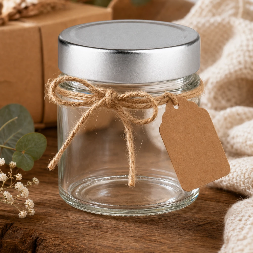 135ml kulatá dóza + víčko BasicSeal stříbrné hluboké UNiTWIST 135ml Rundglas mit silbernem Deckel dekorativ mit Juteschnur und Kraftpapier-Anhänger rustikale Geschenkverpackung