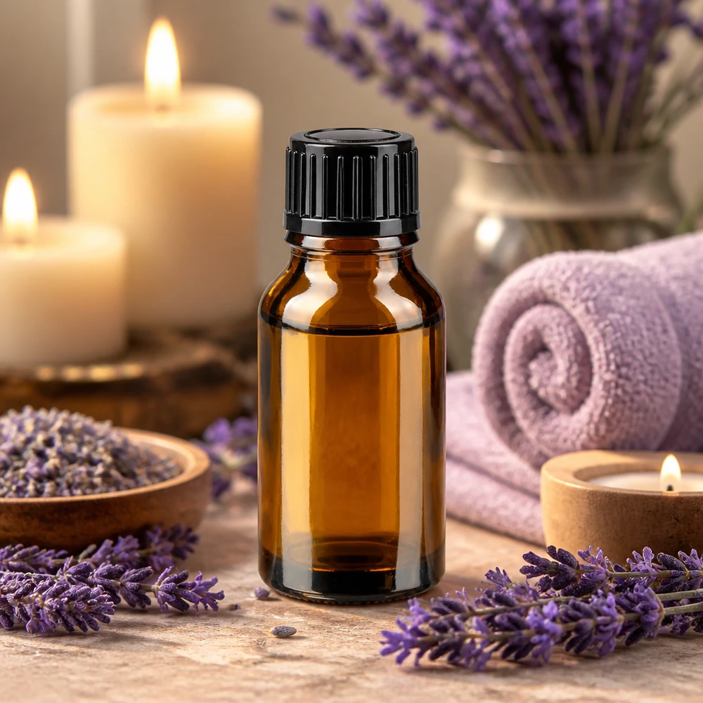 Lékárenská lahvička hnědá 15ml šroubovací uzávěr černý standard. Medizinflasche 15ml UV-Schutz Braunglas schwarzer Schraubverschluss Lavendel Wellness Setup