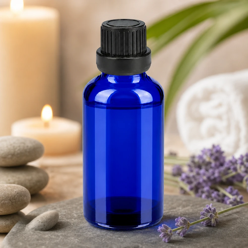 30ml láhev 11mm šroubovací uzávěr černý BlueLine UT18/30. 30ml Glasflasche mit lichtundurchlässigem Design zum Schutz empfindlicher Naturprodukte