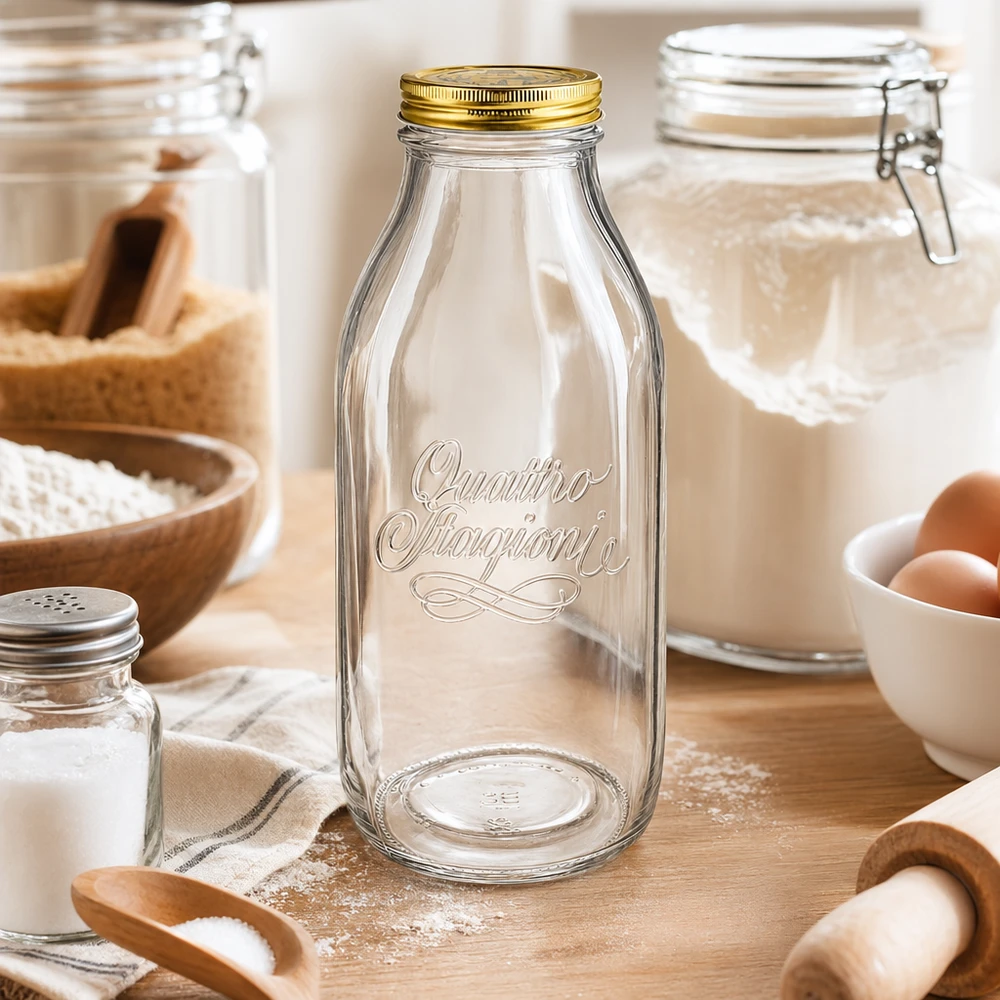 1000ml skleněná láhev "Quattro Stagioni" s víčkem Quattro Stagioni 1000ml Glasflasche in rustikaler Küche mit Backzutaten, Mehl, Eiern und Holzutensilien arrangiert