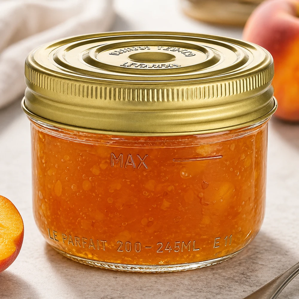 245ml Sturzglas "Familia Wiss" 2-teiliges Deckelsystem Le Pa 245ml Sturzglas Familia Wiss mit goldenem Schraubdeckel gefüllt mit orangefarbener Marmelade auf Holztisch