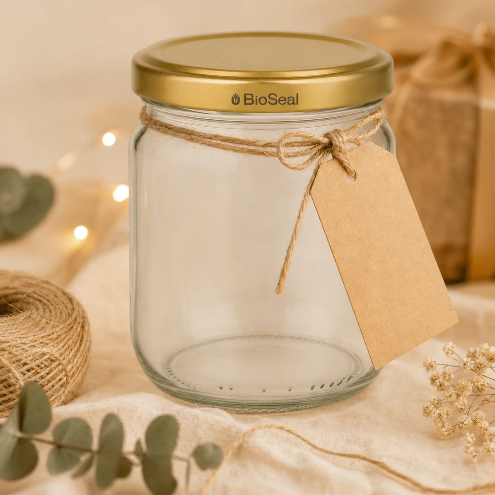 Leeres 500g BioSeal Honigglas mit Geschenkanhänger und Juteschnur dekorativ arrangiert mit Trockenblüten