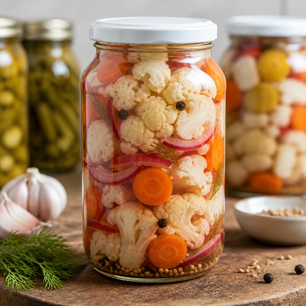 1062ml Rundglas BasicSeal Deckel mit eingelegtem Gemüse Blumenkohl Karotten Mixed Pickles Einweckglas Konservierung