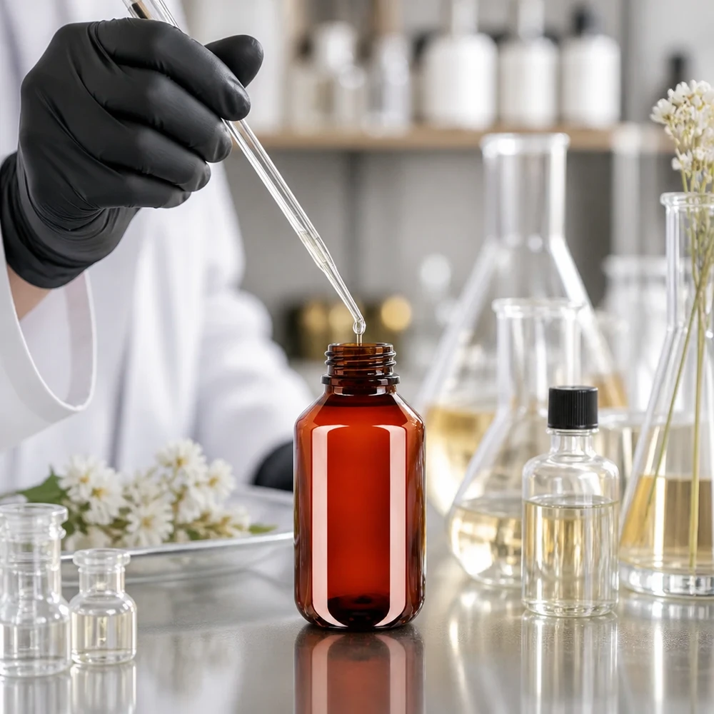 Hnědá PET láhev o objemu 100 ml s originálním uzávěrem na laboratorním stole vedle Erlenmeyerovy baňky