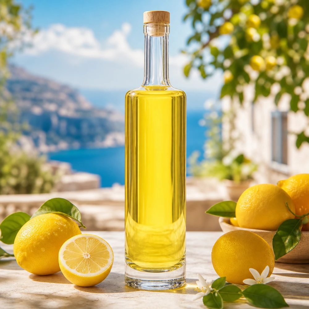 500ml Glasflasche "Lina" mit Holzgriff-Korken UNiTWIST 500ml Glasflasche Lina mit Holzkorken gefüllt mit gelbem Limoncello zwischen frischen Zitronen mediterrane Szenerie