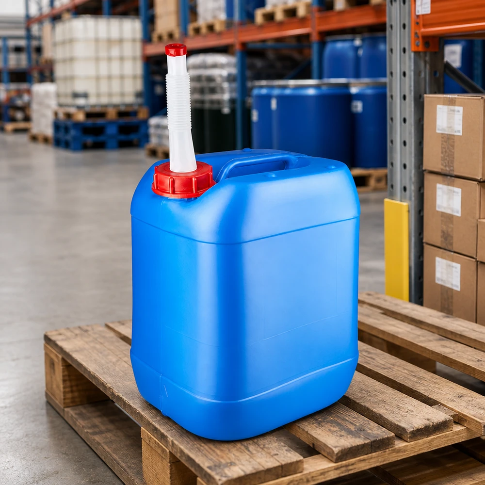 UN-zugelassener Kunststoffbehälter 20 Liter blau mit Ausgießer im Industrielager