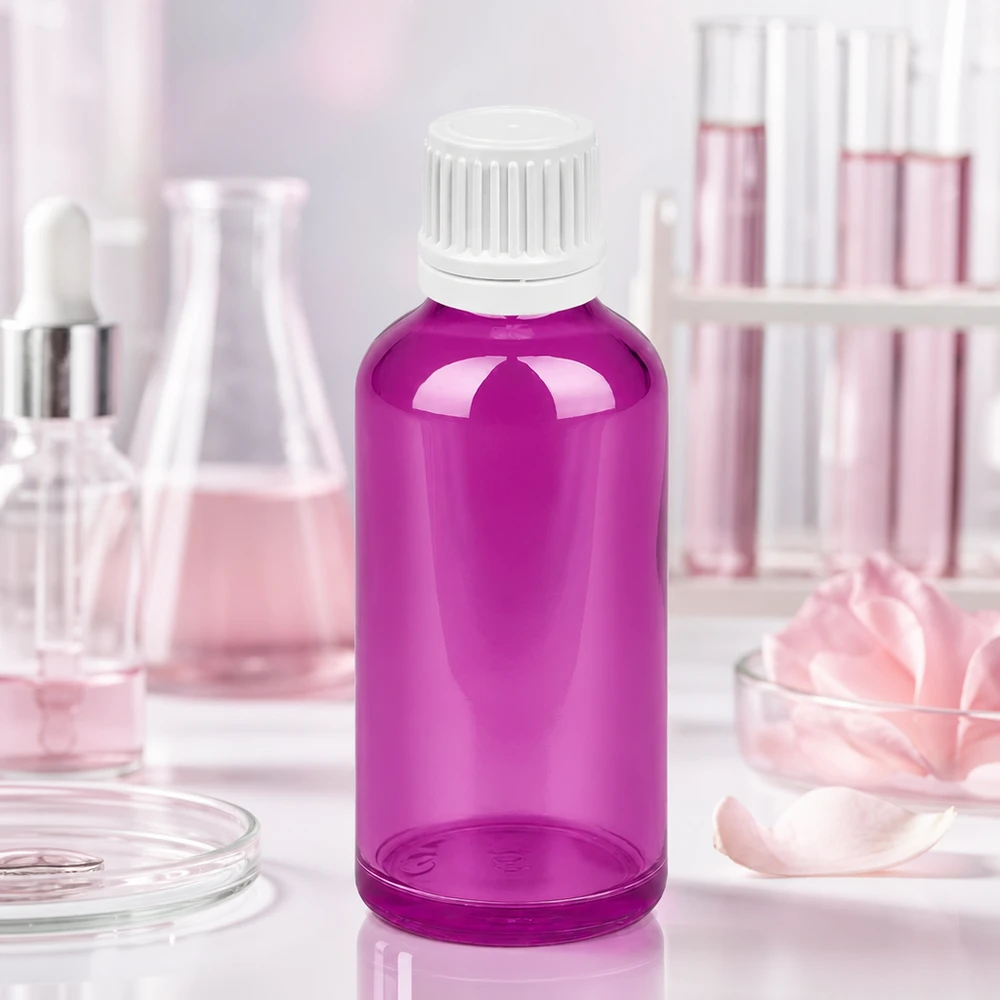 Premium 50ml Glasflasche in Violett mit hygienischem weißem Verschluss für Pharmazie