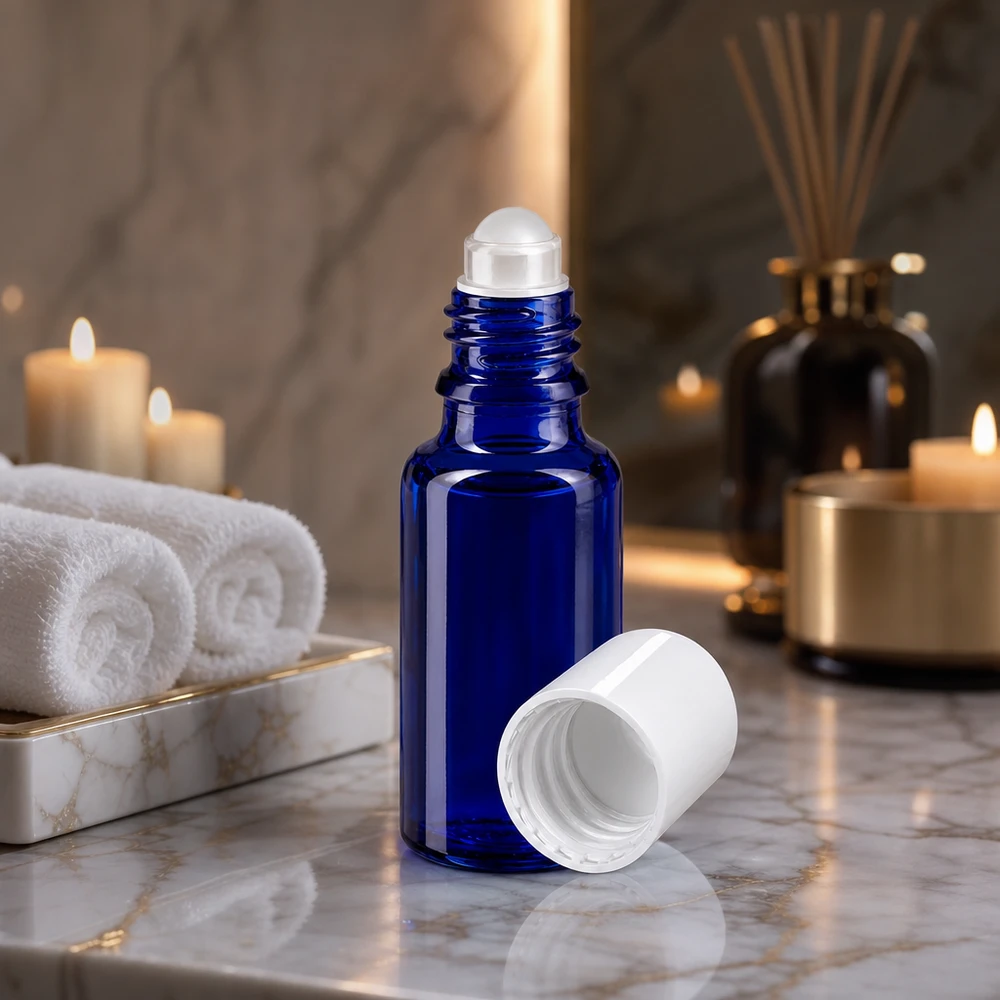 Lékárenská lahvička modrá 20ml roll-on uzávěr bílý 20ml Roll-On Flasche aus blauem Apothekenglas mit weißem Schraubverschluss in Wellnessumgebung