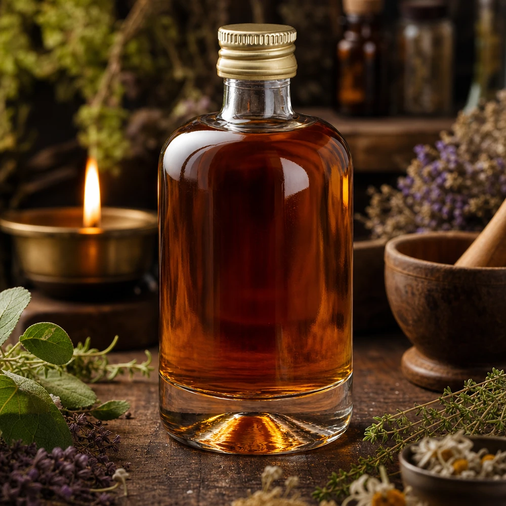 40ml Glasflasche "Sara" mit Schraubverschluss gold UNiTWIST 40ml Glasflasche Sara mit goldenem Verschluss gefüllt mit brauner Flüssigkeit in rustikalem Apotheker-Ambiente