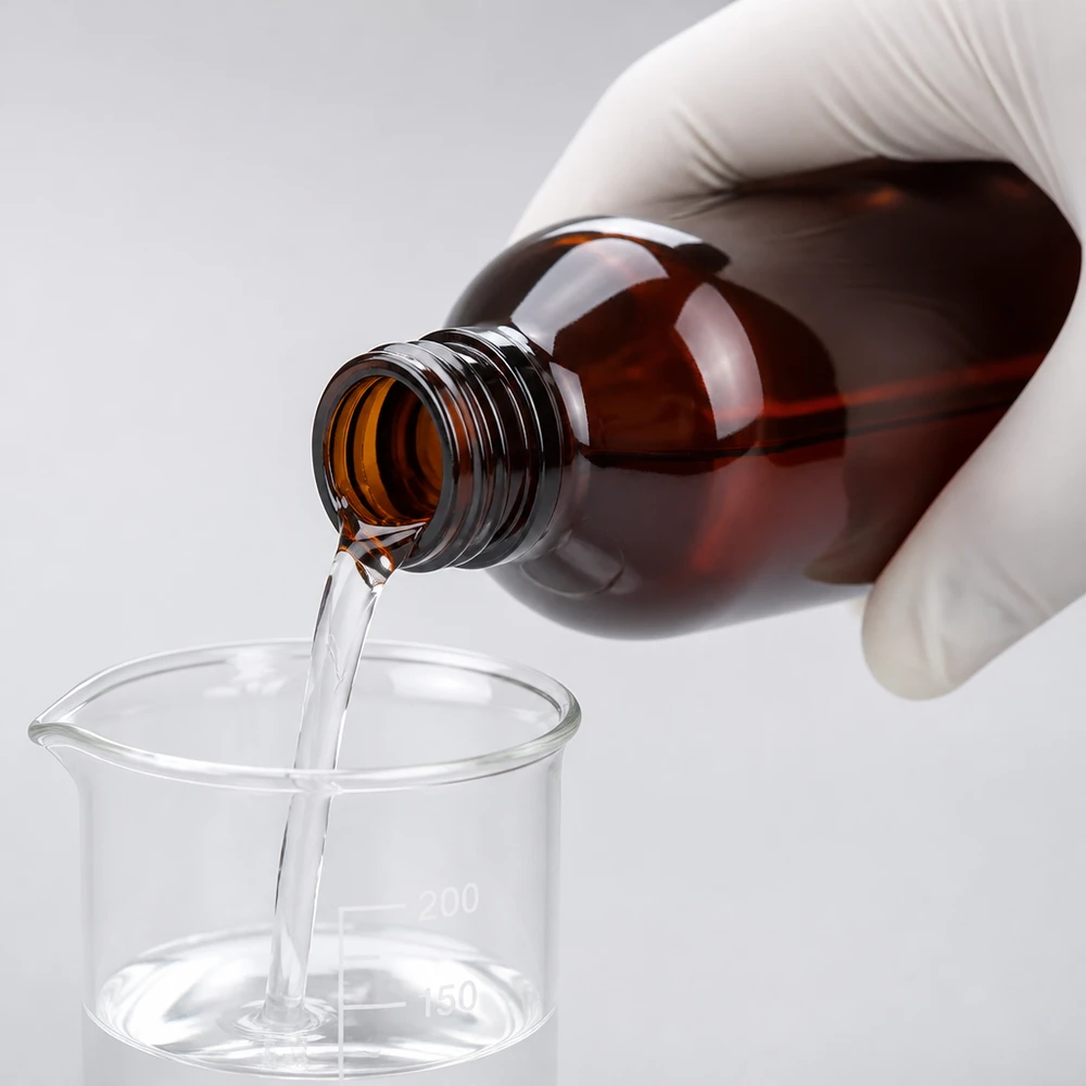 PET láhev 250ml s dávkovací pumpičkou černá Čirá kapalina se nalévá z jantarové PET láhve o objemu 250 ml do kádinky v laboratorních rukavicích