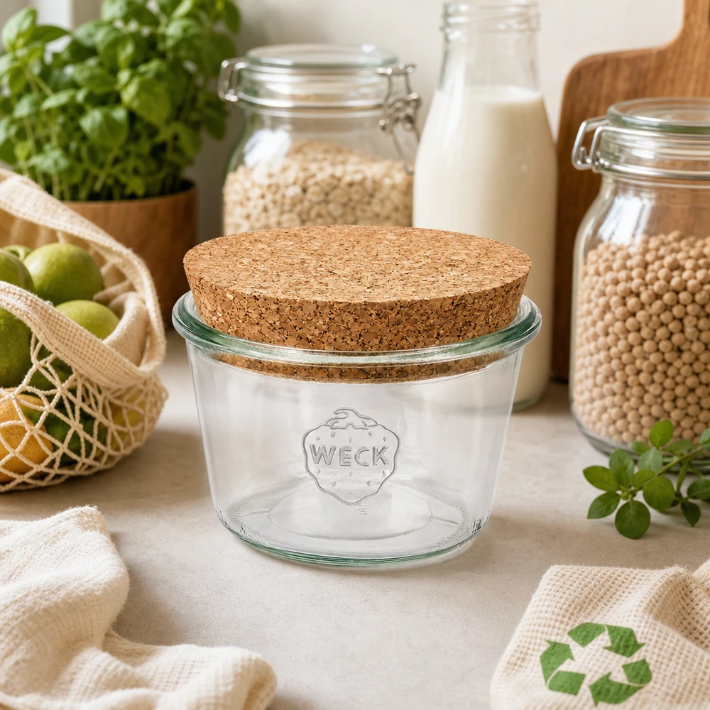 370ml sklenice WECK RR100 s korkovou zátkou přírodní WECK Sturzglas 370ml RR100 mit Korkdeckel in nachhaltiger Zero-Waste-Küche mit Vorratsgläsern und Bio-Produkten