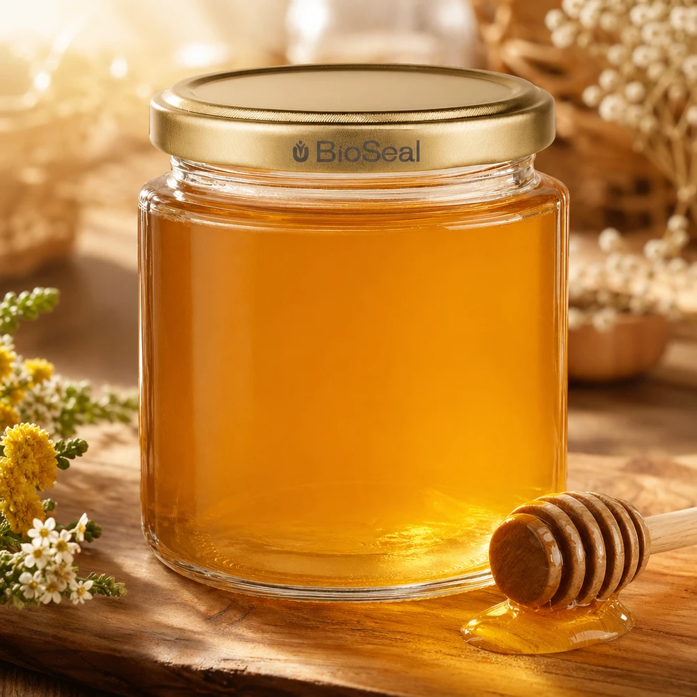 350g Honigglas + BioSeal Deckel gold UNiTWIST 250ml Honigglas gefüllt mit goldenem Honig, BioSeal Deckel und Honiglöffel, natürliche Präsentation mit Blumen