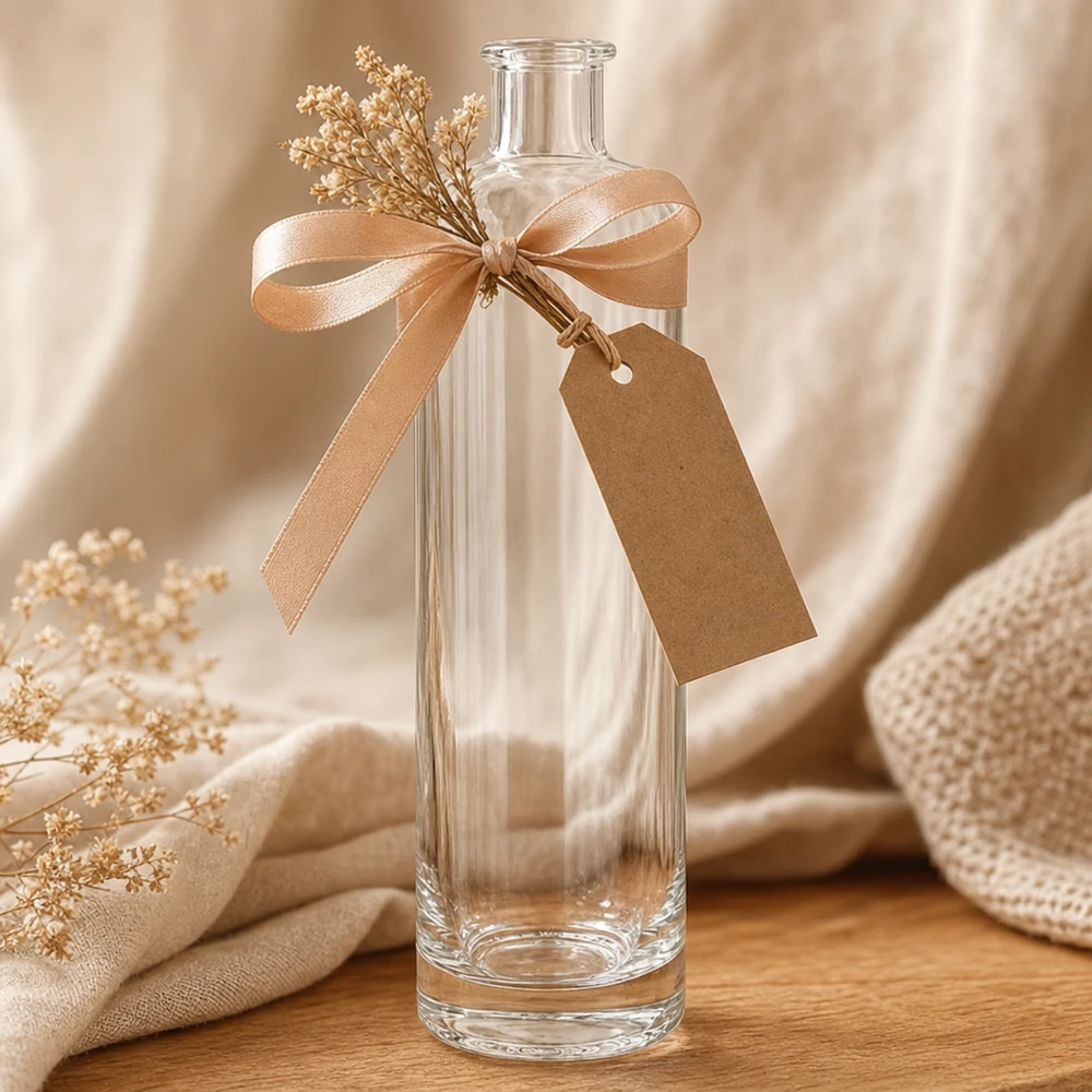 500ml Glasflasche "Ella" ohne Verschluss UNiTWIST 500ml Glasflasche Ella UNiTWIST als Geschenk dekoriert mit Satinband Anhänger getrockneten Blumen Deko-Styling