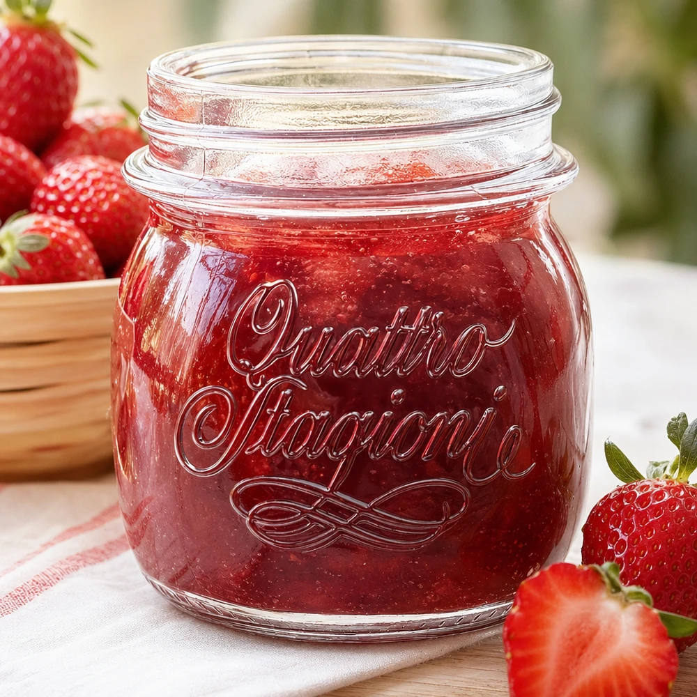 250ml kulatá zavařovací sklenice "Quattro Stagioni" QS70mm 250ml Quattro Stagioni Haushaltsglas mit Erdbeermarmelade gefüllt neben frischen Erdbeeren auf Holztisch