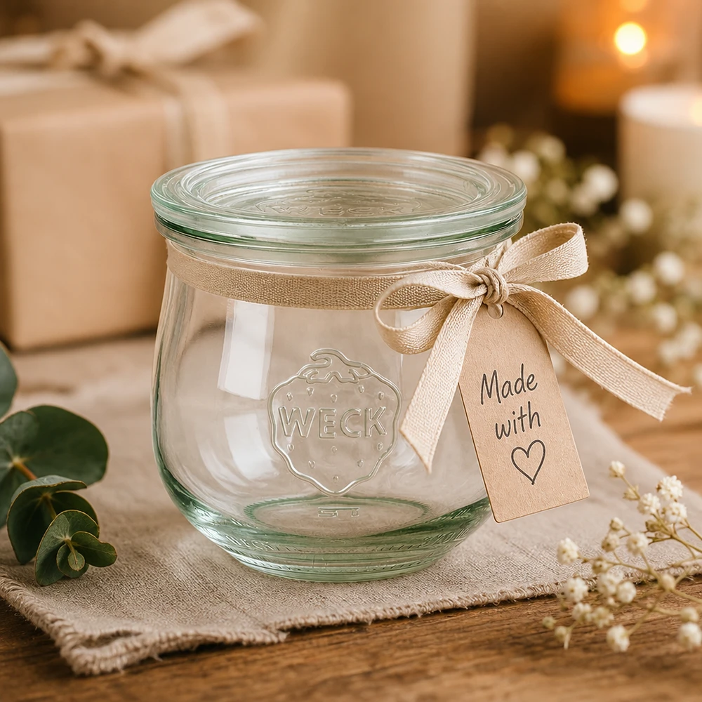 370ml tulipánová sklenice se skleněným víčkem WECK RR80 WECK Tulpenglas 370ml RR80 als Geschenk mit beiger Schleife und Made with Love Anhänger in festlicher Atmosphäre