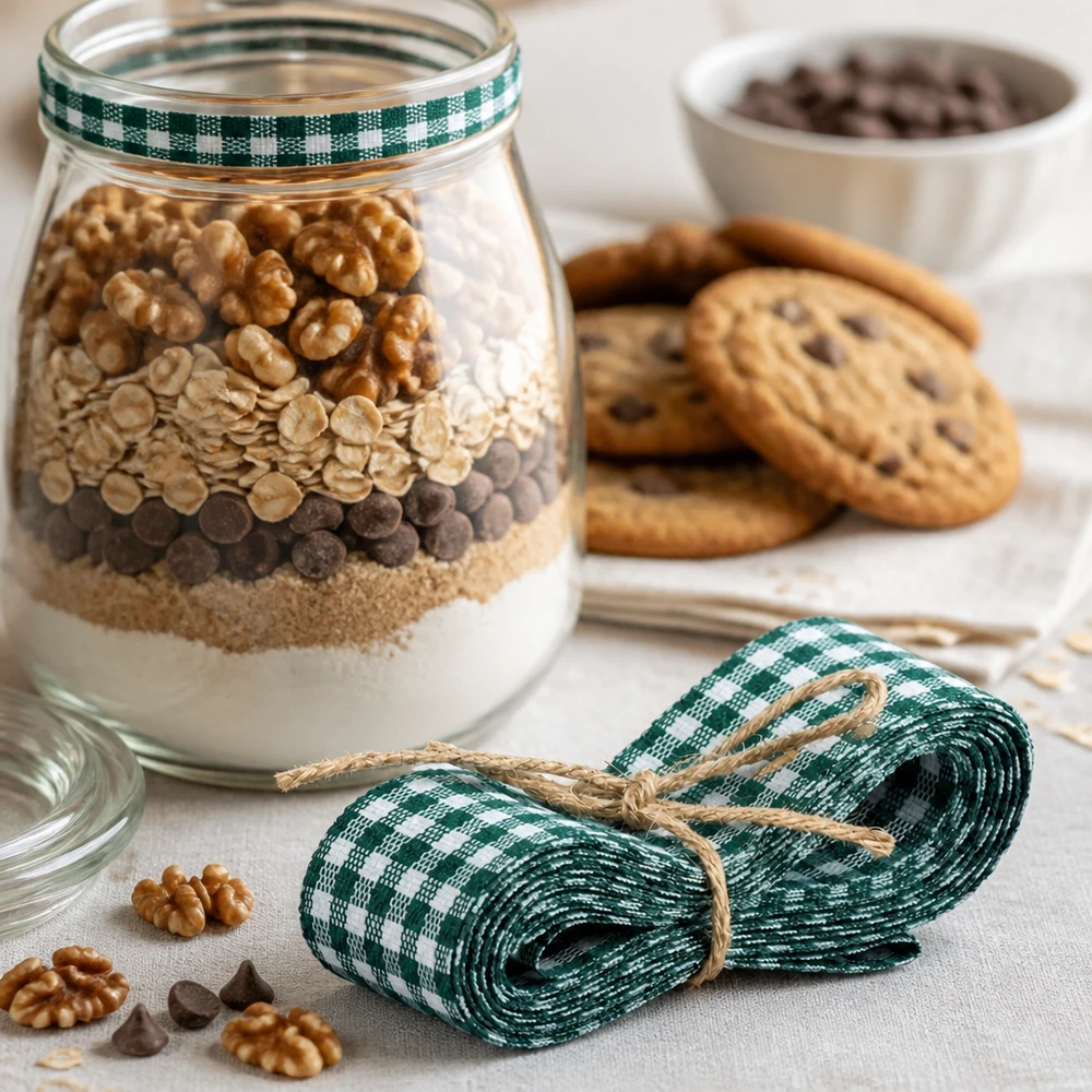 Látková stuha zelená/bílá na zdobení 300cm Grün-weißes Stoffband 300cm für Backmischung im Glas DIY-Geschenke mit Nüssen Cookies und Kaffeebohnen dekoriert