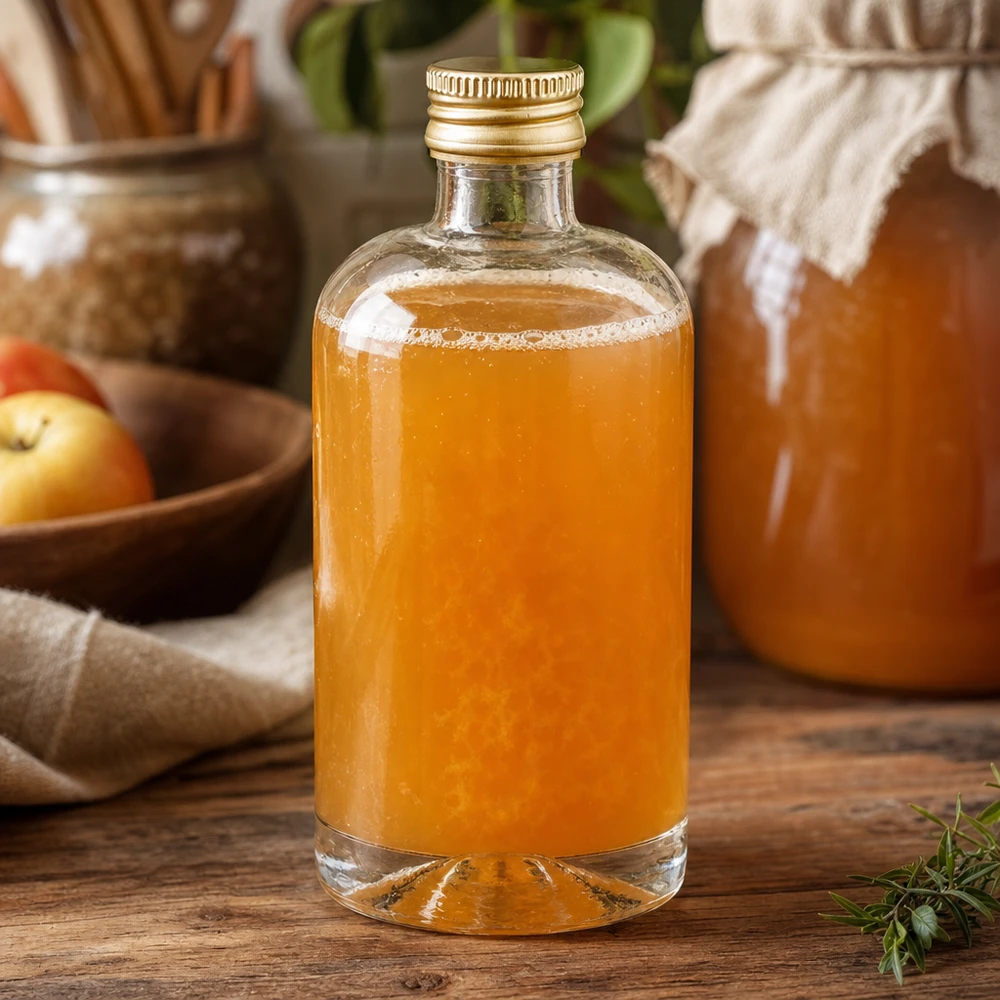 40ml Glasflasche Sara mit orangefarbenem Inhalt und goldenem UNiTWIST Verschluss auf rustikalem Holztisch mit Äpfeln