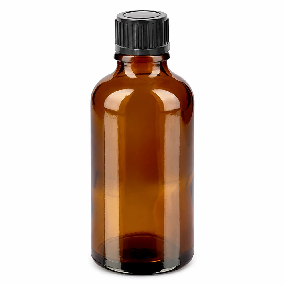 Hochwertige 50ml Glasflasche in Braun mit robustem schwarzen Schraubdeckel UT18