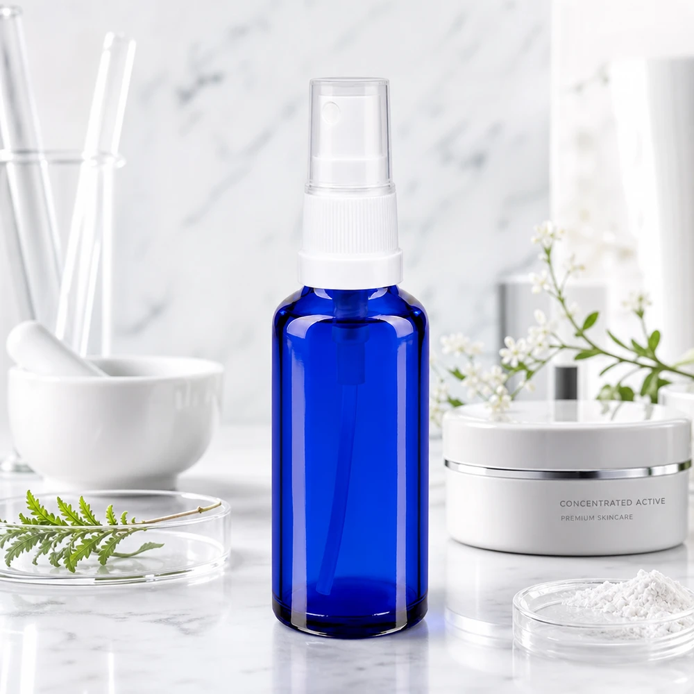 Lékárenská lahvička modrá 30ml s rozprašovačem bílá UV-Schutz Sprayflasche aus blauem Glas 30ml ideal für Seren Hydrolate und Raumsprays
