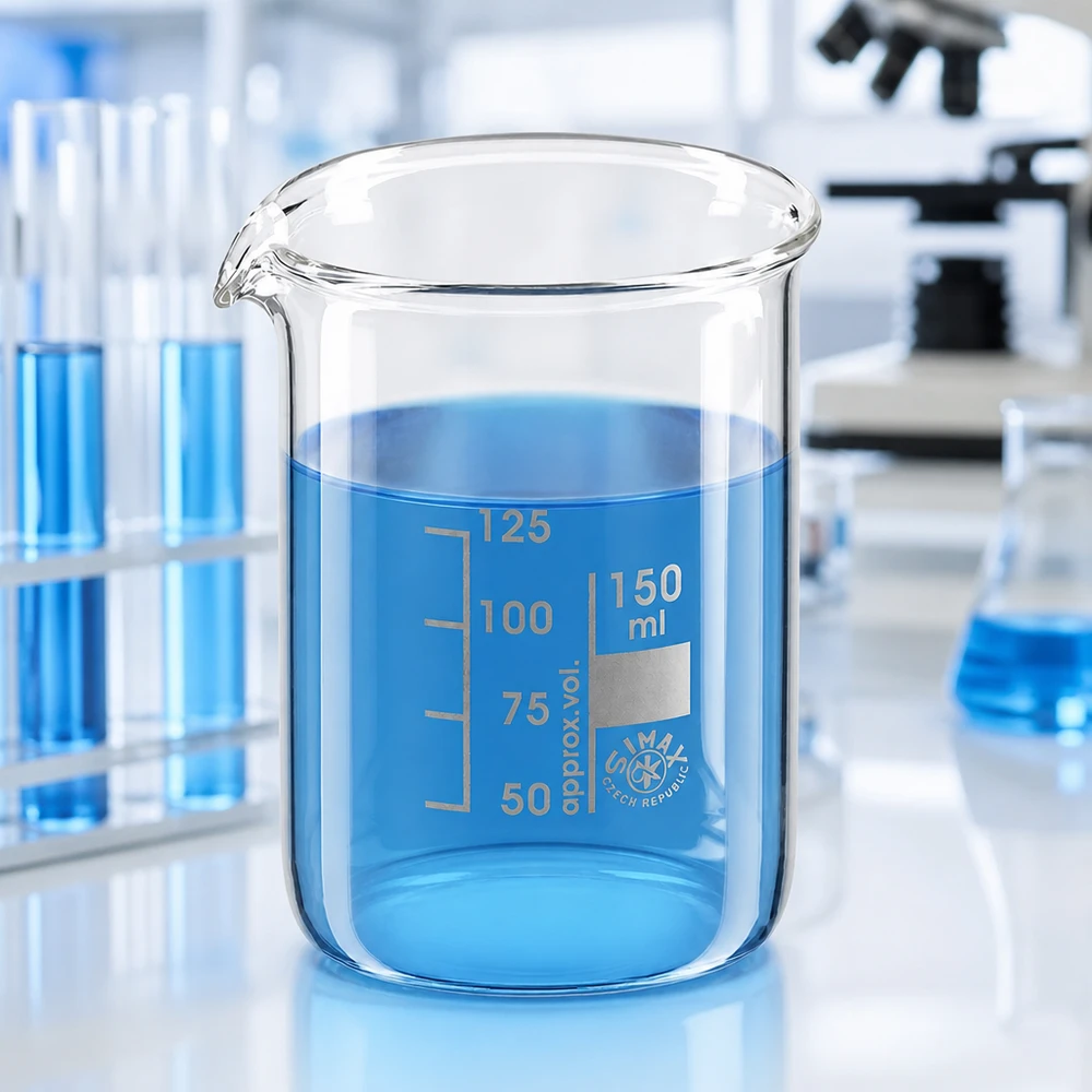 Kádinka 150ml z borosilikátového skla, nízký tvar Wissenschaftliches Becherglas 150ml aus säurebeständigem Borosilikatglas in niedriger Form