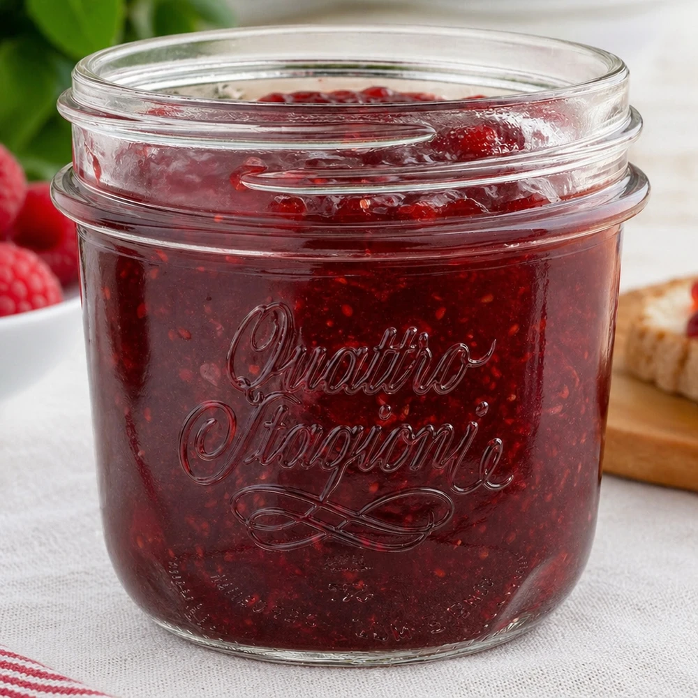 200ml kelímky "Quattro Stagioni" QS86mm. Quattro Stagioni 200ml Einmachglas mit roter Marmelade gefüllt - perfekt für hausgemachte Konfitüren und Aufstriche
