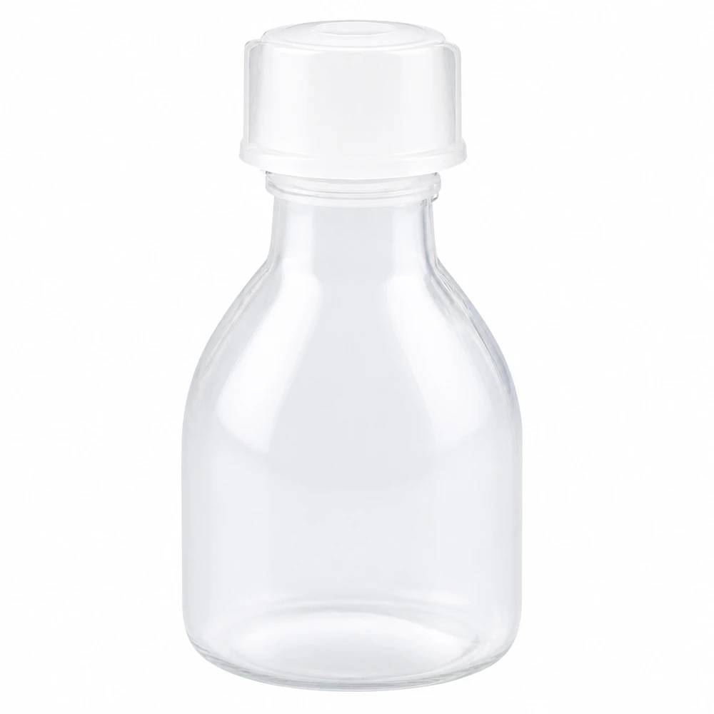 20ml šroubovací láhev, laboratorní láhev s úzkým hrdlem. 20 ml skleněná láhev s úzkým hrdlem a bílým šroubovacím uzávěrem pro laboratorní použití