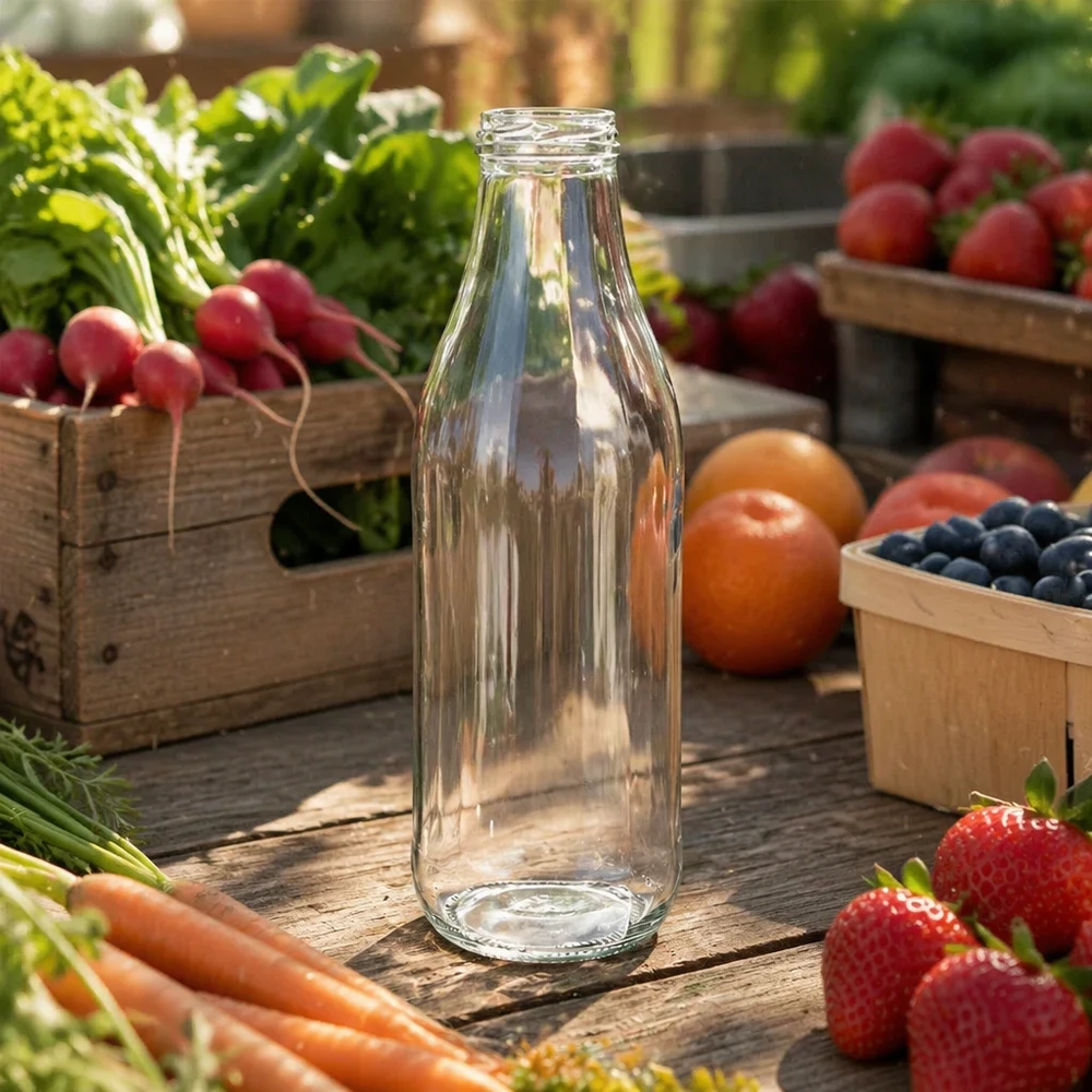Skleněná láhev o objemu 1000 ml bez víčka (TO48) UNiTWIST 1000ml UNiTWIST Glasflasche TO48 leer auf Holztisch mit frischem Obst und Gemüse Outdoor Szenerie Naturlook