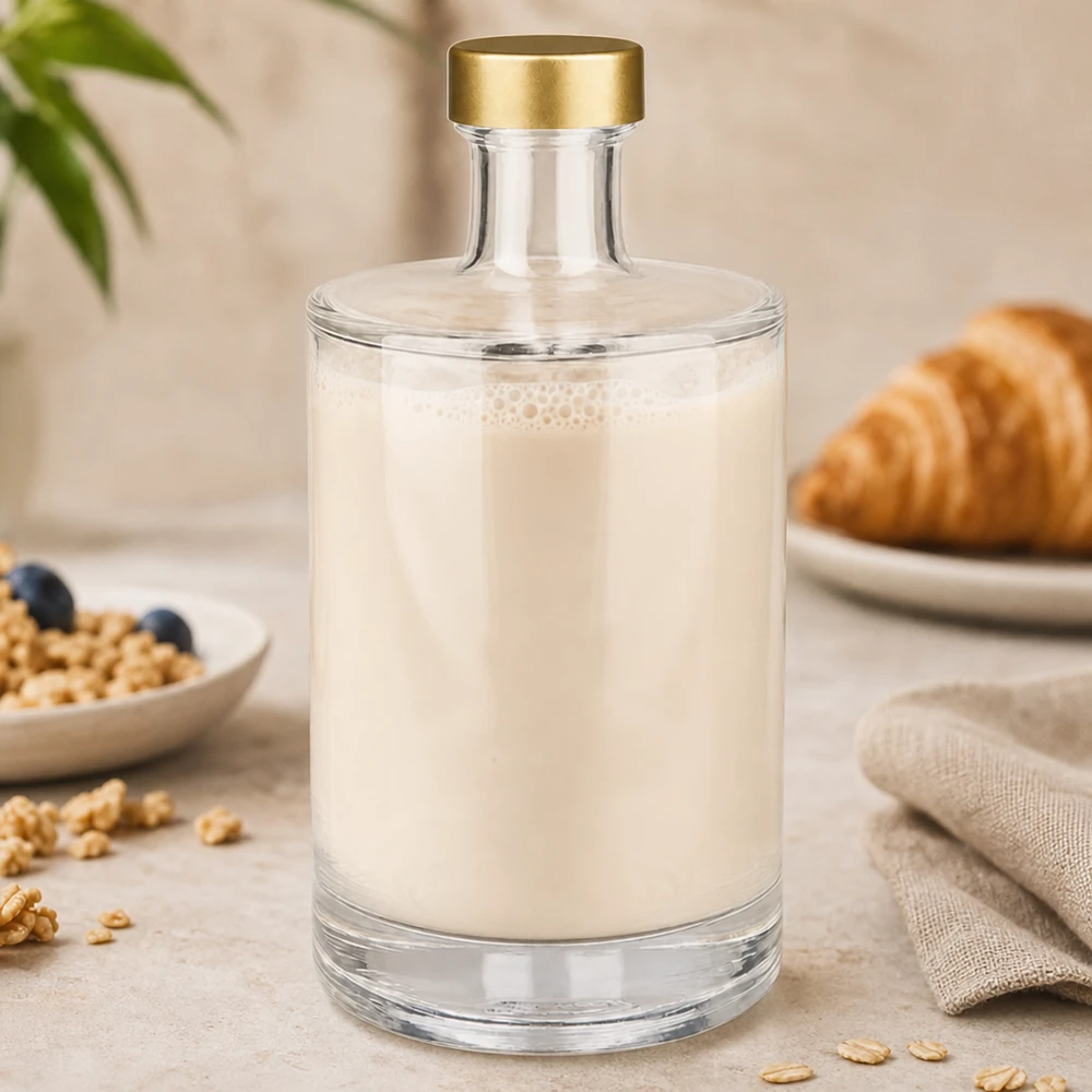 500ml Glasflasche "Sam" + Schraubverschluss gold UNiTWIST 500ml Glasflasche Sam mit weißer Milch befüllt goldener UNiTWIST Verschluss frisches Frühstück Setting Croissants