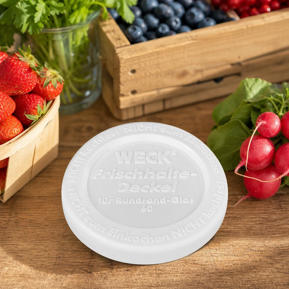 WECK Frischhaltedeckel RR60 Lifestyle-Szene Holztisch frisches Obst Gemüse Erdbeeren Blaubeeren Radieschen Kräuter