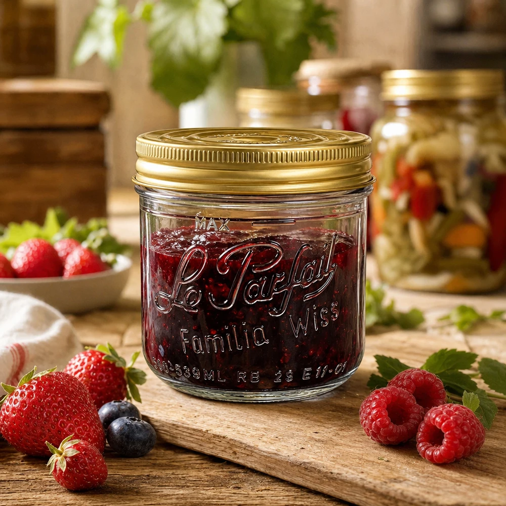 539ml Sturzglas "Familia Wiss" 2-teiliges Deckelsystem Le Pa Sturzglas Familia Wiss 539ml mit Schraubdeckel gold auf Holzbrett mit Erdbeeren Himbeeren und Marmelade