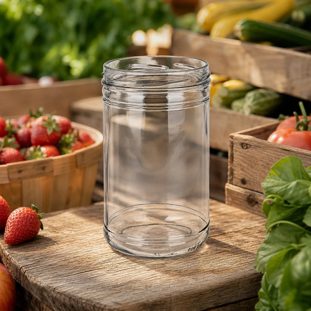 Nádobky o objemu 1053 ml bez víčka (TO100) UNiTWIST UNiTWIST Sturzglas 1053ml TO100 leeres Einmachglas zwischen frischem Gemüse und Erdbeeren auf Holzbrett in Küche