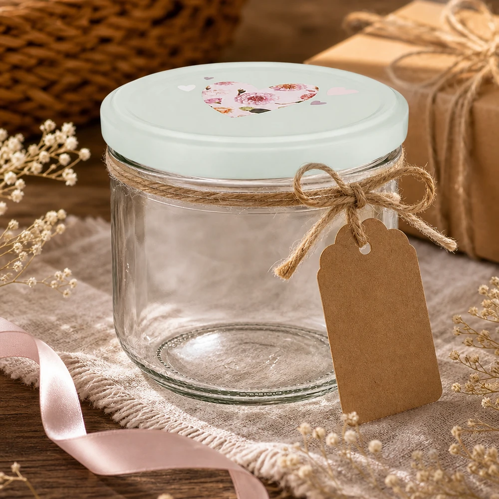 260ml kelímky + víčko BasicSeal srdíčková máta UNiTWIST 260ml Sturzglas leer mit BasicSeal Deckel Herzmotiv, Geschenkverpackung mit Juteschnur und Anhänger, Dekoration