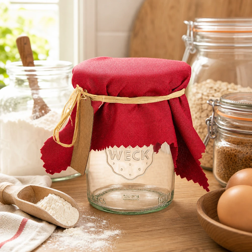Látkový ubrousek na šperky bordó 15 cm čtvercový Bordeauxrotes Stoff Schmuckdeckchen 15cm auf WECK Glas mit Raffia-Band in gemütlicher Landhausküche mit Eiern und Mehl