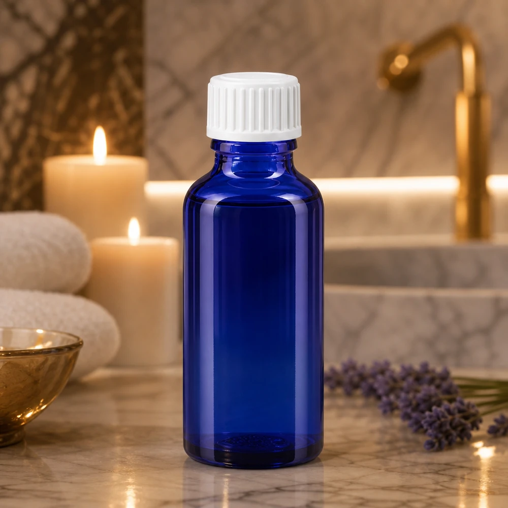 Lékárenská lahvička modrá 30ml šroubovací uzávěr bílý globule standardní Zylindrische 30ml Blaугласflasche mit weißem Kindersicherheitsverschluss in Wellnessumgebung