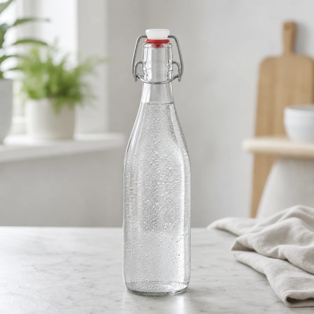 500ml skleněná láhev + otočný vršek PVC UNiTWIST 500ml Glasflasche Bügelverschluss mit Sprudelwasser befüllt moderne Küche Trinkflasche Wasserflasche Kohlensäure
