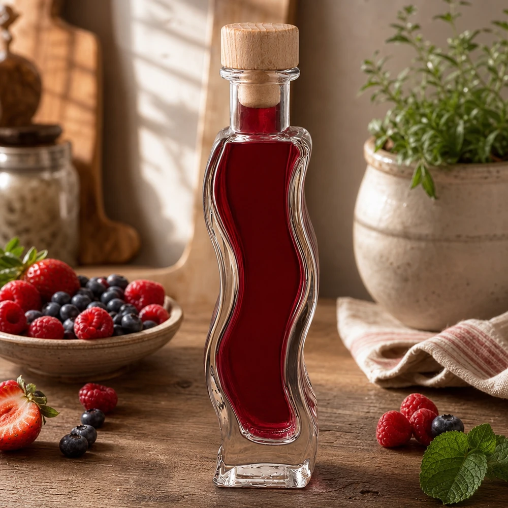 100ml Glasflasche Melissa mit Beerensaft gefüllt umgeben von frischen Erdbeeren Himbeeren Blaubeeren Holzkorken