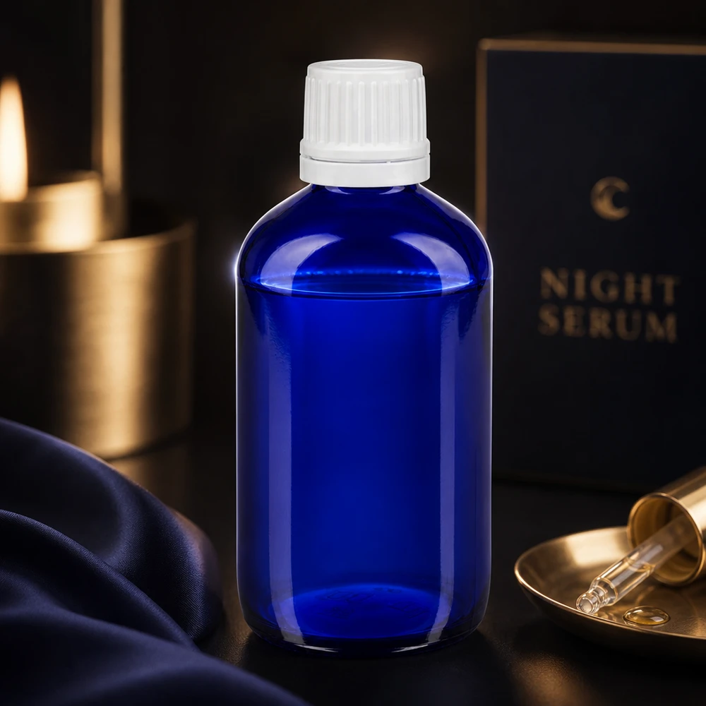 Lékárenská láhev modrá 20ml kapátko bílé uzávěr odolný proti dětem standardní Pharmazeutische Blauglasflasche 20ml mit weißem Sicherheitsverschluss und Dosiertropfer