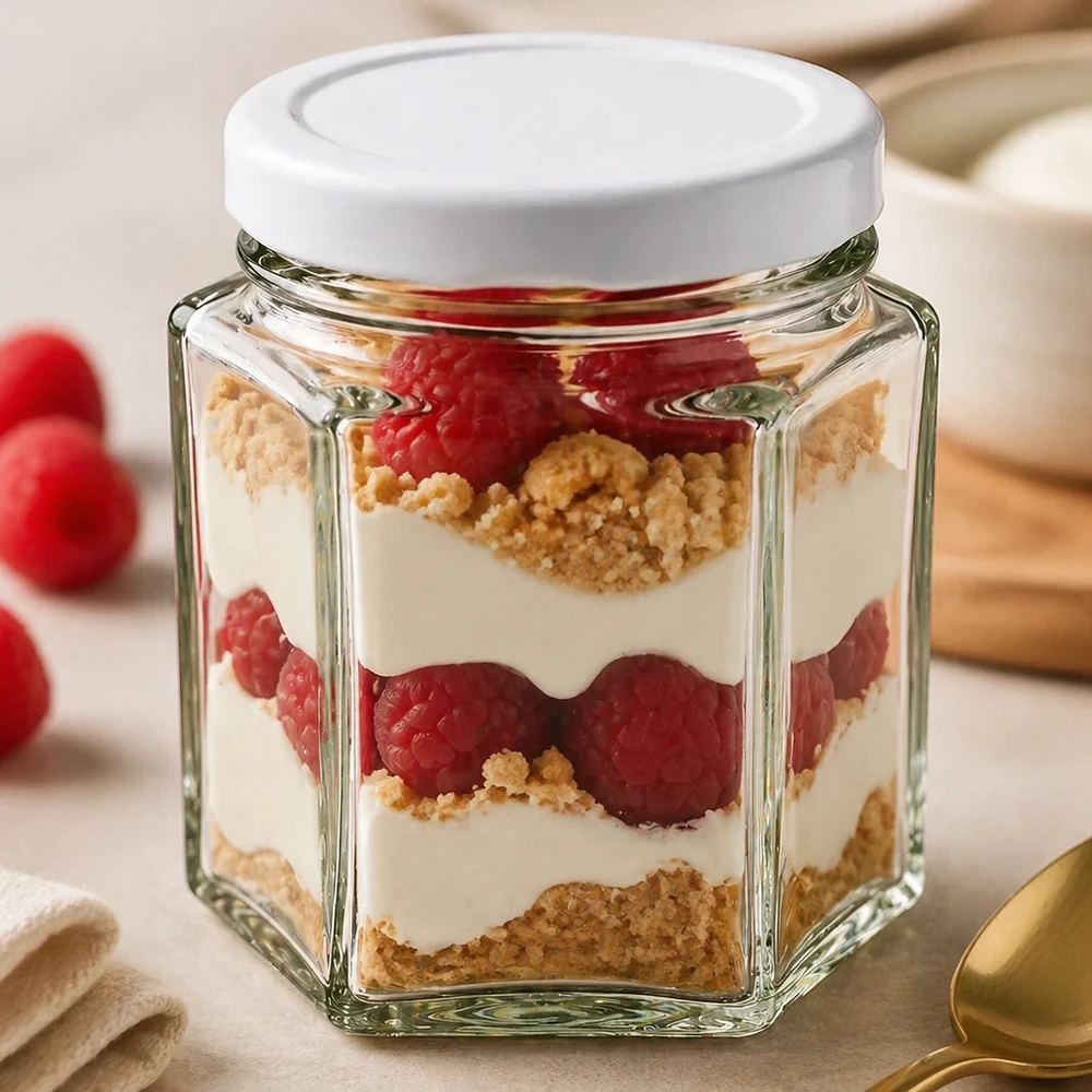 47ml šestihranná sklenice s víčkem BasicSeal bílá UNiTWIST 47ml Hexaglas mit weißem BasicSeal Deckel als Dessertglas mit Schichtdessert aus Beeren und Creme befüllt