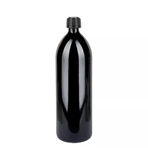 Kulatá fialová skleněná láhev (láhev na vodu) 1000ml, DIN-CET PP28 STD, včetně černého šroubovacího uzávěru 103575 Kulatá fialová skleněná láhev (láhev na vodu) 1000ml, DIN-CET PP28 STD, včetně černého šroubovacího uzávěru 103575